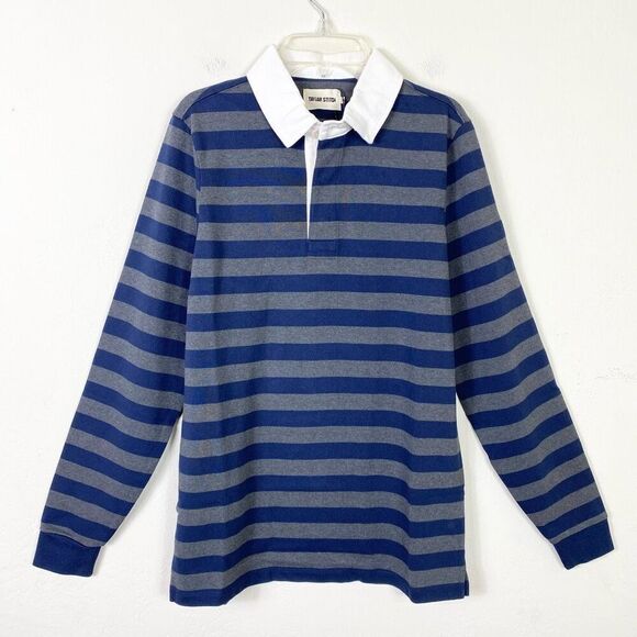 Taylor Stitch The Heavy Bag Rugby in Navy Stripe Collared Henley Shirt Size S/38 - Picture 1 of 7